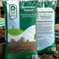 Two bags of Somerset Topsoil with a background of gardening supplies.