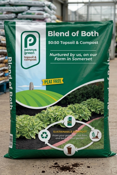 Penny's Green Blend of Both topsoil and compost package in a greenhouse setting