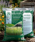 Two bags of horse manure with a Pennys brand logo on a garden background.
