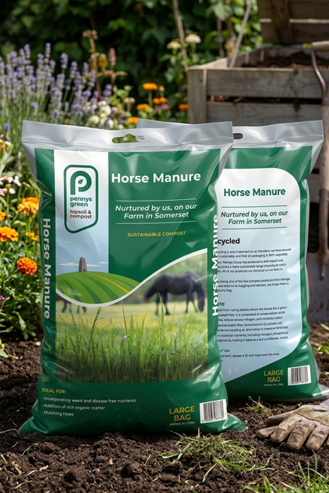 Two bags of horse manure with a Pennys brand logo on a garden background.