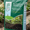 Bag of Penny's Mushroom Compost in a garden setting