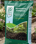 Bag of Penny's Mushroom Compost in a garden setting