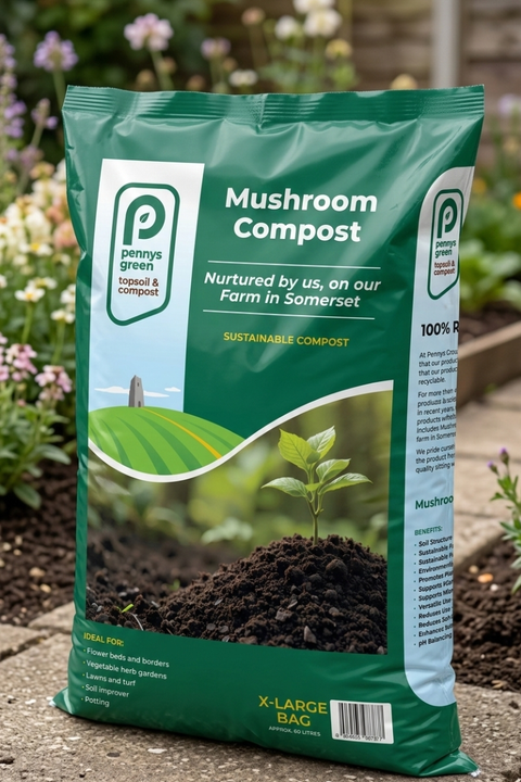 Bag of Penny's Mushroom Compost in a garden setting