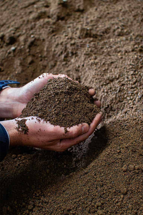 Hands scooping soil from a larger pile