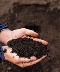 Hands holding dark compost against a brown soil background