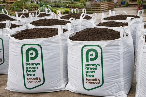 Bags of Pennys Green Peat Free topsoil and compost with visible branding.