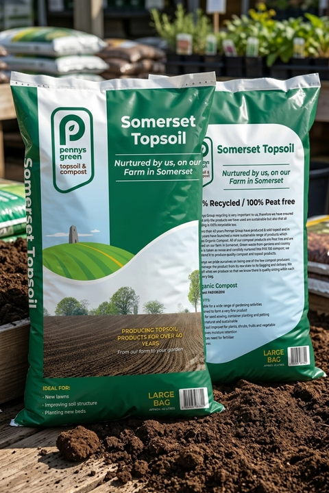 Two bags of Somerset Topsoil with a background of gardening supplies.