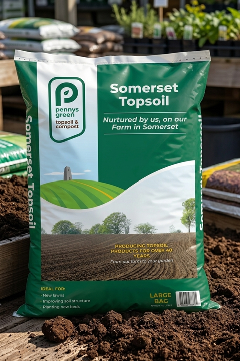 Packs of Somerset Topsoil with a visible Pennys brand logo on a wooden surface.